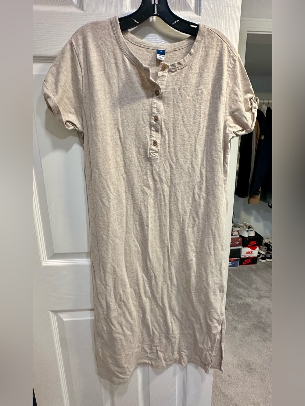Old Navy Beige Henley T-Shirt Dress with Button Front